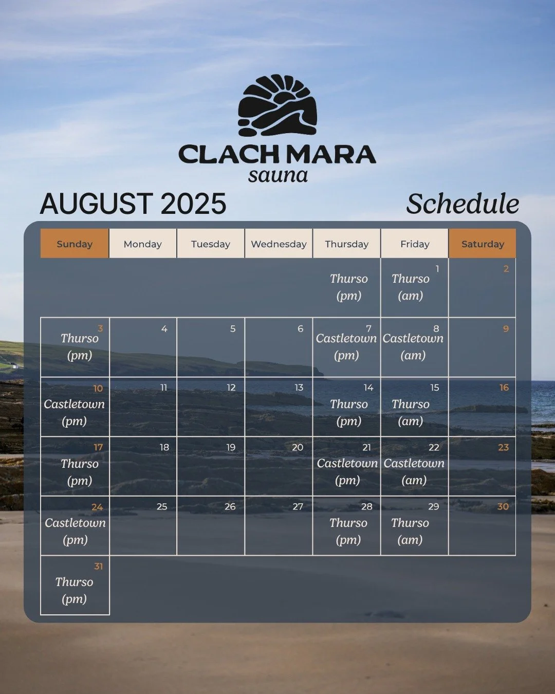 Here&rsquo;s our plan &amp; schedule for August! 📅🔥

We&rsquo;re sticking with the weekly rotation between Thurso &amp; Castletown, and keeping the Thursday, Friday, Sunday sessions rolling for another month while we continue to settle into things 