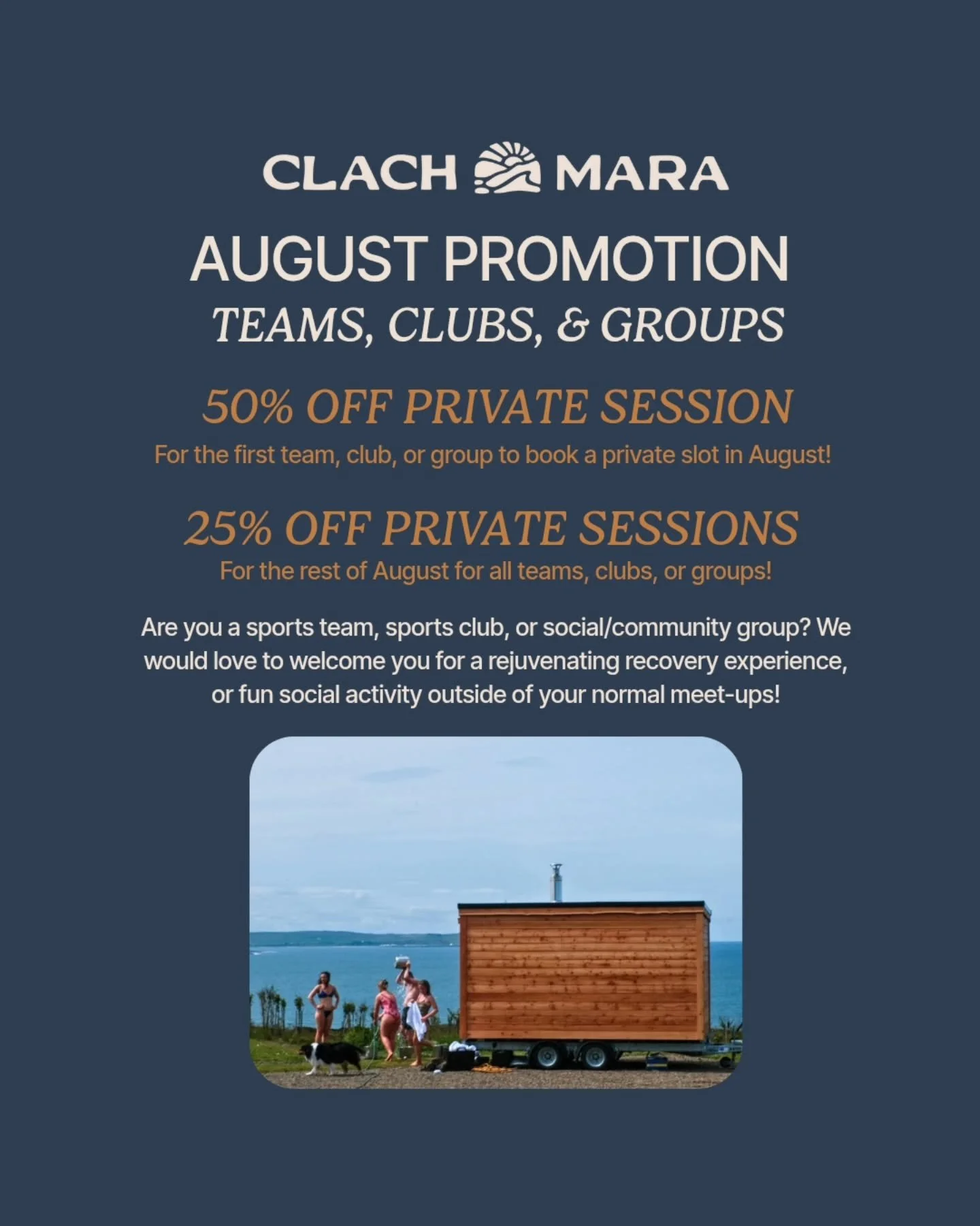 🔥 AUGUST PROMO for Teams, Clubs &amp; Groups! 🔥

Looking for something different for your team or club this month? 👇🏼 We would love to meet &amp; welcome you!

👥 50% OFF a private sauna session for the first group to book in August

💥 25% OFF p