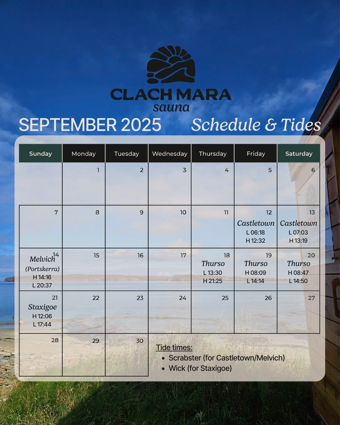 September Schedule - Open for Bookings (link in bio)! ✨

As well as the usual spots, super excited to be trying two new locations this month 🙌🏼

📍 Portskerra Harbour &ndash; bookings on hold just now while we confirm a possible collab with MOOV to
