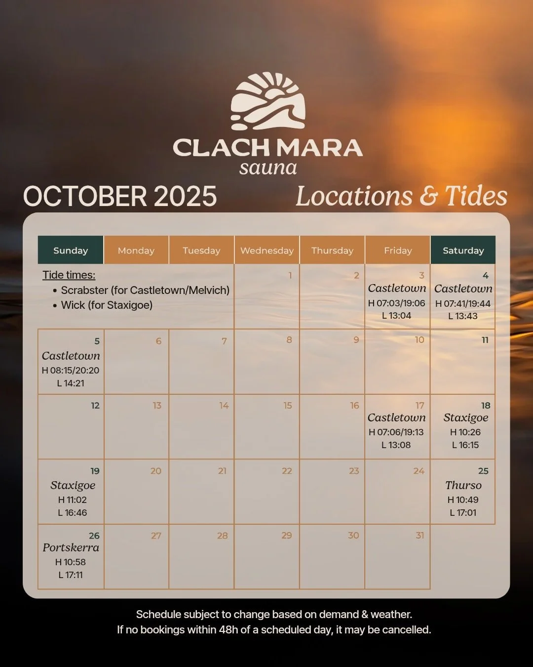 🍂 October Schedule &amp; Updates 🍂

We&rsquo;ve got another exciting month ahead &ndash; bringing the sauna to some of our favourite spots and a few changes &amp; updates to our sessions!

📍 Castletown &ndash; starting the month settled here for 2