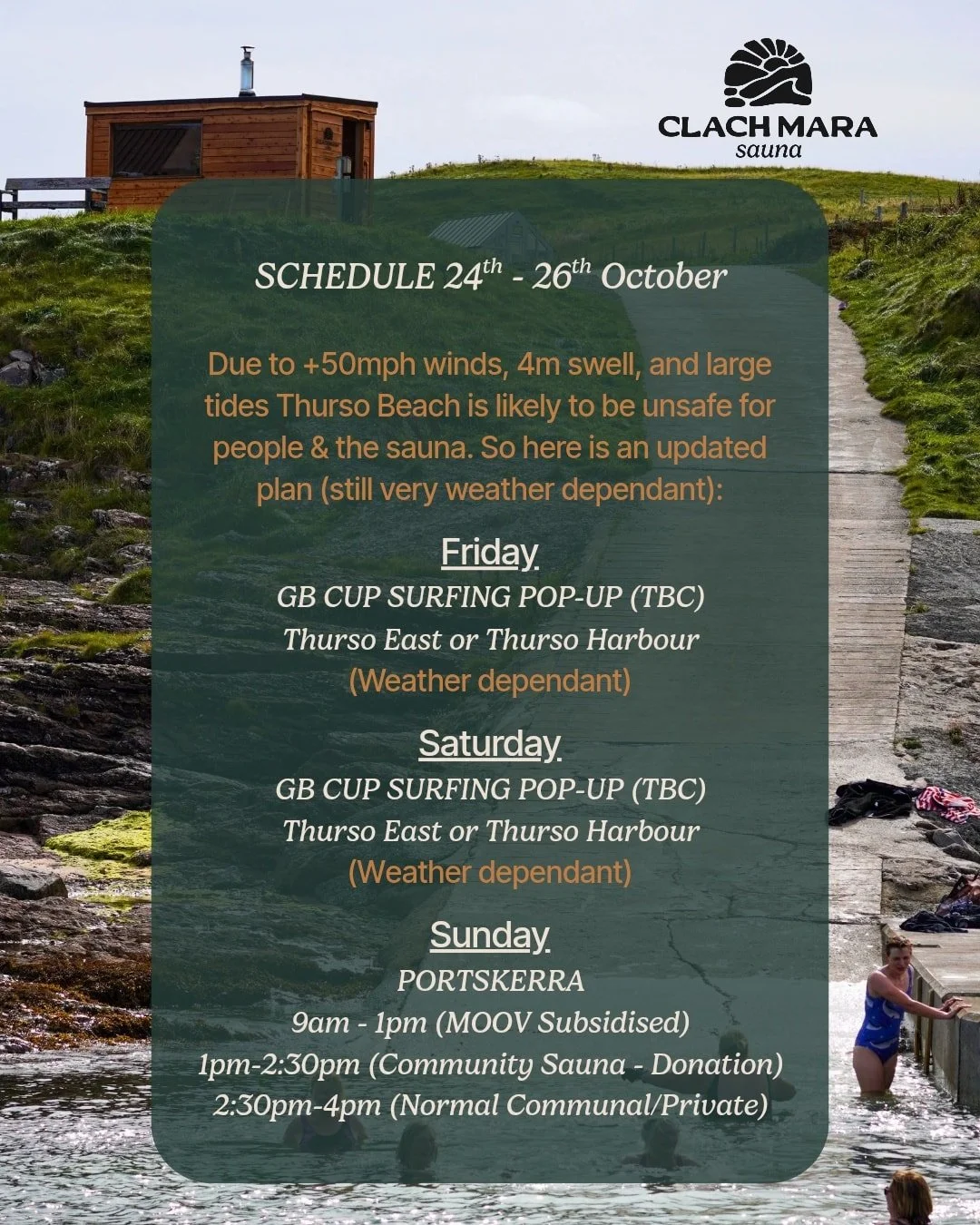 ⚠️ NEW PLAN THIS WEEKEND ⚠️

Unfortunately, the Thurso Beach sessions this Saturday are cancelled due to strong winds, high tides, and large swell &mdash; there&rsquo;s a good chance the waves could reach the usual parking spot! 🌊💨

But, hopefully 