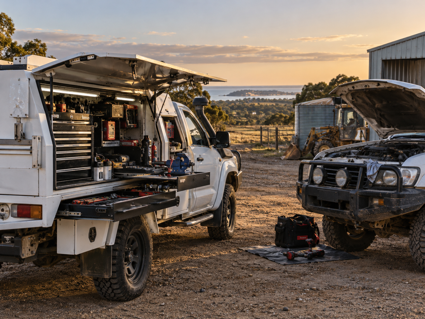 mechanics ute open with tools visible, broken down ute in the background