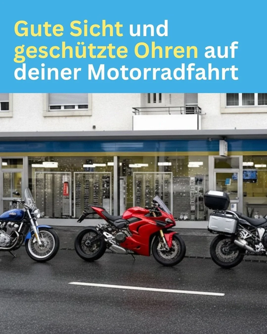 Klare Sicht, gesch&uuml;tzte Ohren 🏍️👓👂

Auf dem Motorrad z&auml;hlt jede Sekunde und jedes Detail. Damit du Strassenschilder, Kurven und den Verkehr jederzeit scharf erkennst und gleichzeitig dein Geh&ouml;r sch&uuml;tzt, brauchst du L&ouml;sunge