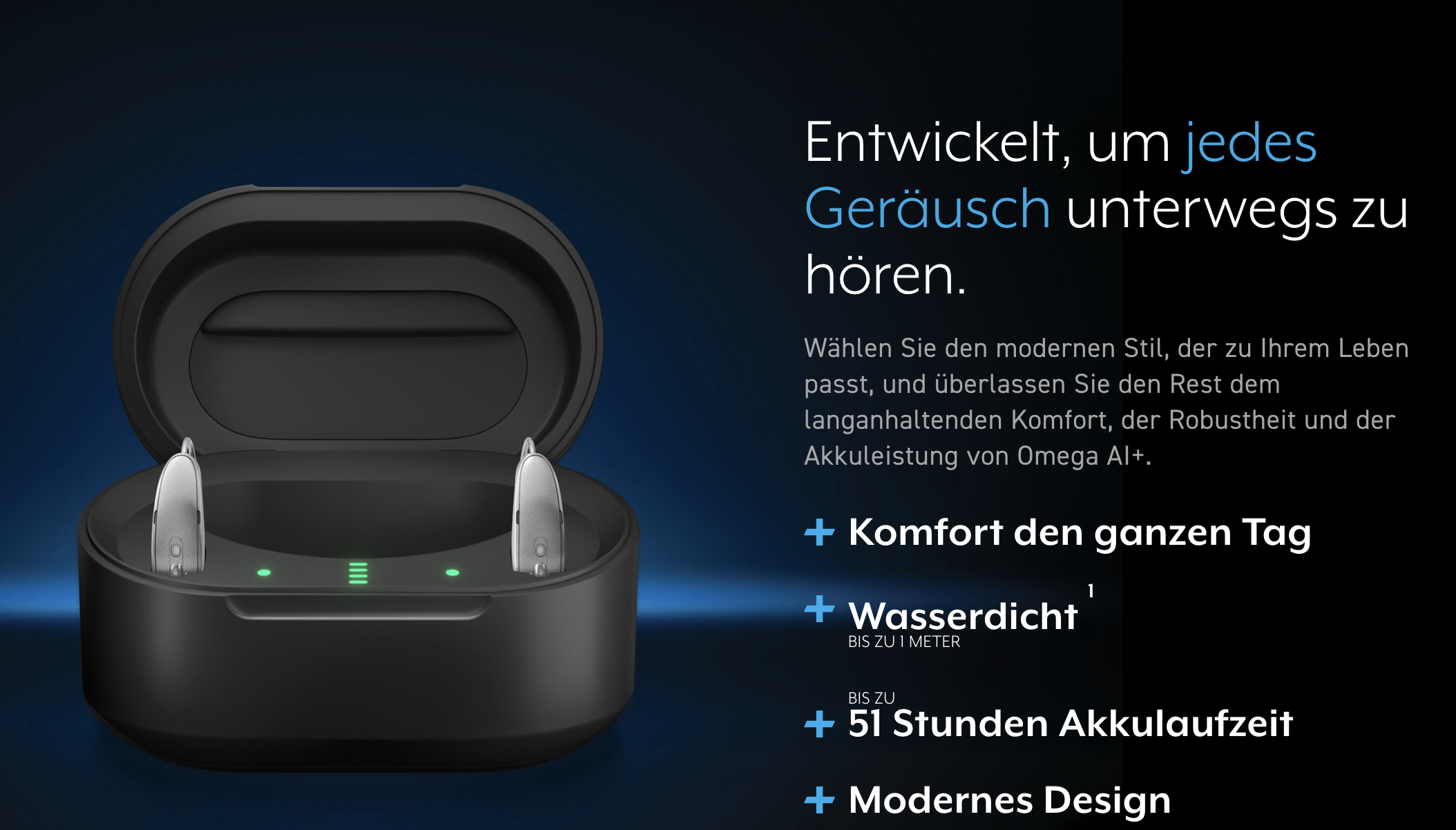 Schwarz-weißes kabelgebundenes Headset mit Ohrhörern in einem Ladeetui, das grüne Lade-LEDs zeigt, auf dunklem Hintergrund mit deutscher Textbeschreibung zu Funktionen und Vorteile.