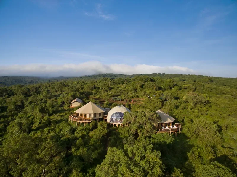 Aerial view of The Highlands camp with geodesic domes set above Ngorongoro Crater forest, Tanzania