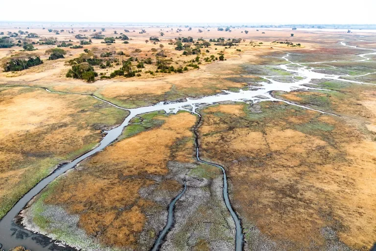 Aerial view of Busanga Plains wetlands and channels, Kafue National Park Zambia