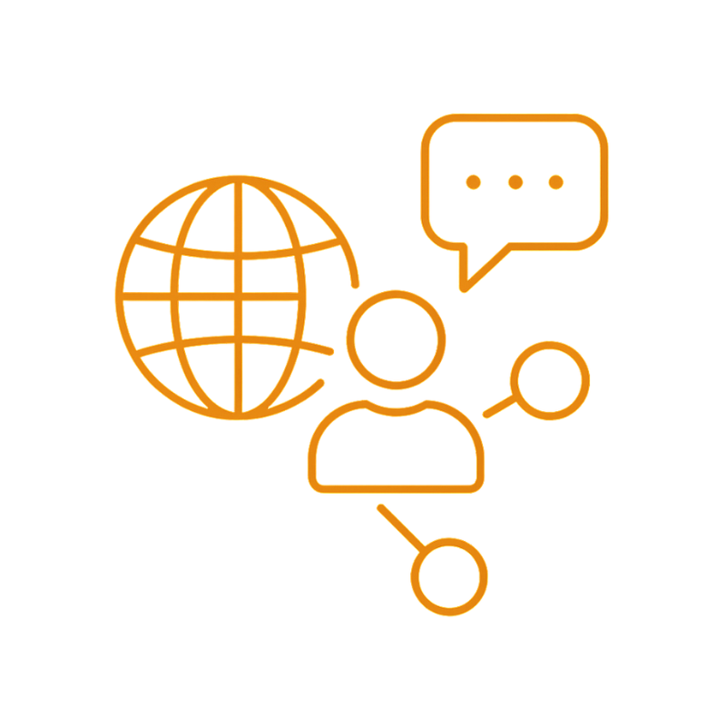 A digital illustration of a globe, a person icon with speech bubbles, and a smaller circle connected to a larger rectangle, all in orange and yellow tones representing communication and global connectivity.