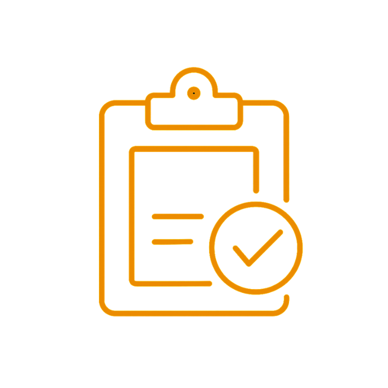 A yellow icon of a clipboard with a checkmark on a white background.