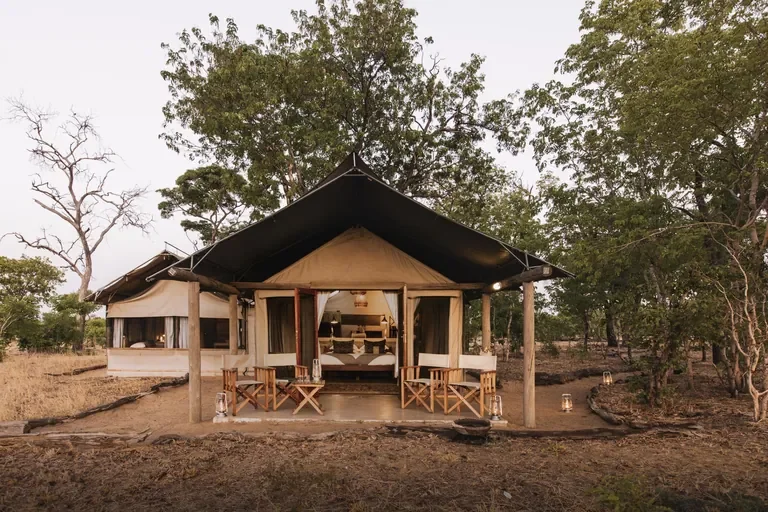Davison's Camp family tent exterior, Hwange National Park Zimbabwe, classic safari canvas under acacia trees