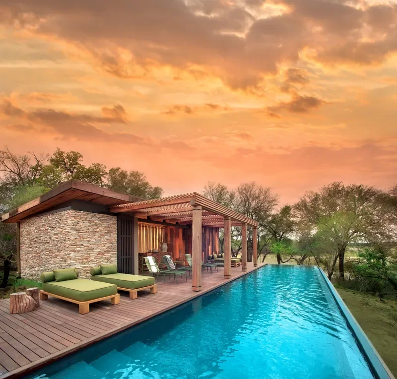 Main lodge infinity pool with pergola at Tengile River Lodge in Sabi Sands
