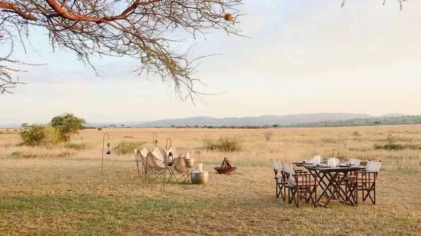 Mila Tented Camp dining and campfire area on the Serengeti plains, Tanzania