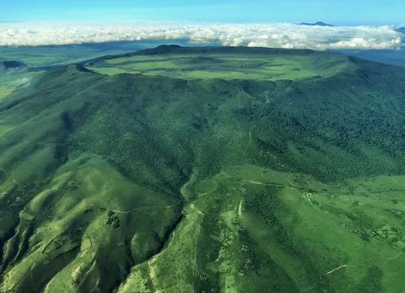 Aerial of Olmoti Crater rim and highland forests above Ngorongoro, Tanzania