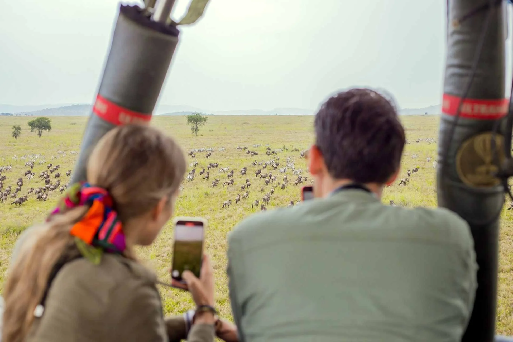 viewing a heard of wildbeest and zebra during the great migration from a hot air baloon