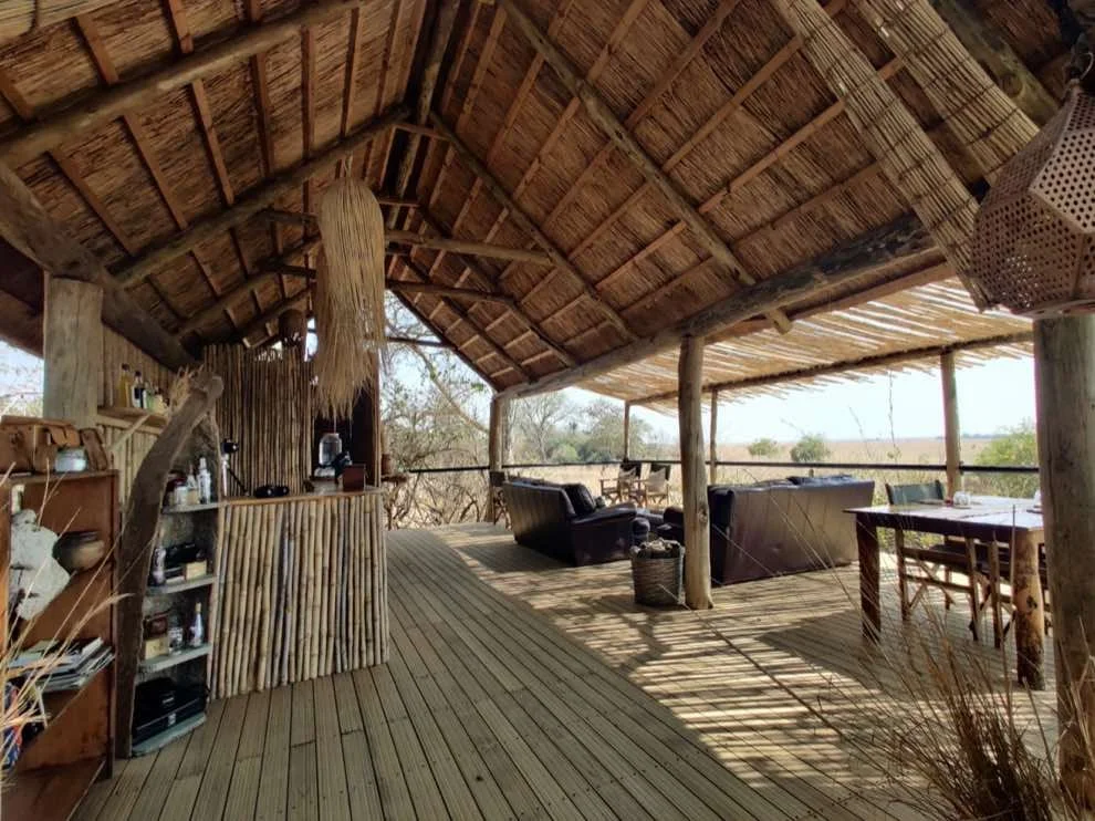 Poolside lounge chairs and a thatched-roof cabana surrounded by trees at sunset.