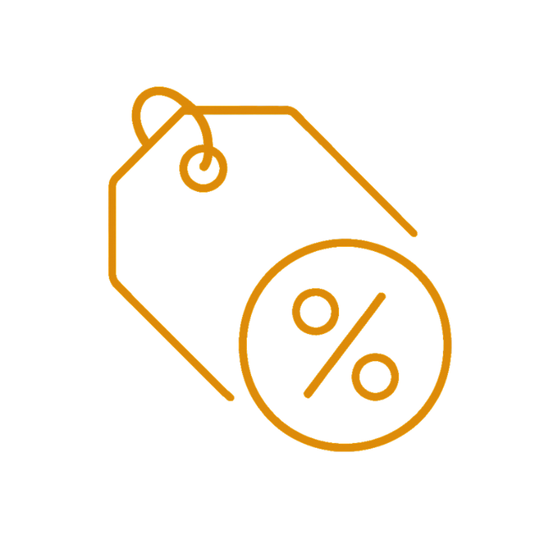 Line drawing of a price tag with a discount percentage symbol