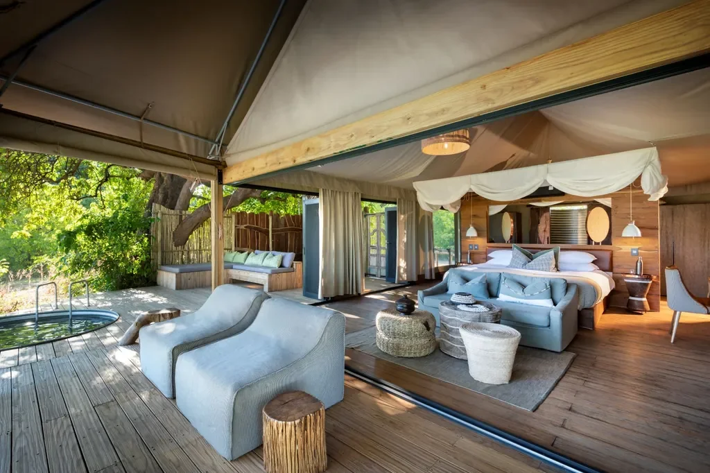 Main area with swing and shaded deck looking to the Zambezi, Nyamatusi Mahogany, Mana Pools, Zimbabwe
