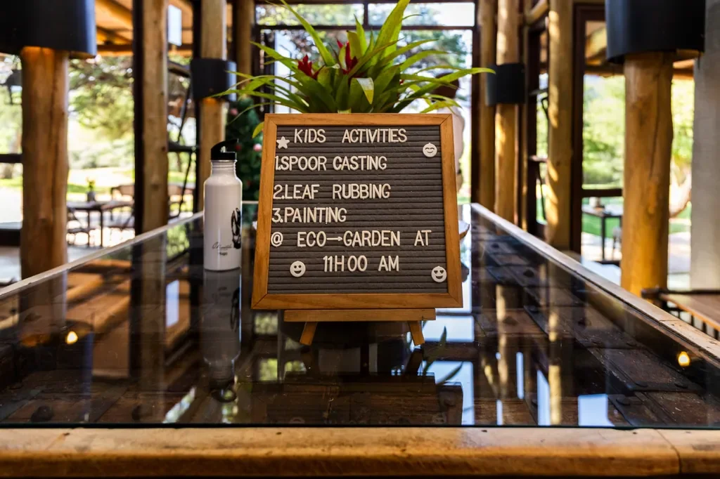 Mack &amp; Madi kids activities board at Marataba Safari Lodge eco garden, family friendly safari in Marakele National Park