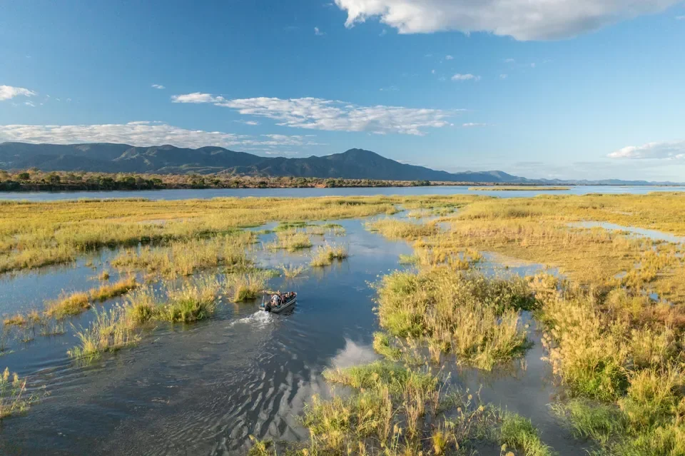 Boat safari across Zambezi floodplains near Chongwe Camp, Lower Zambezi National Park, Zambia