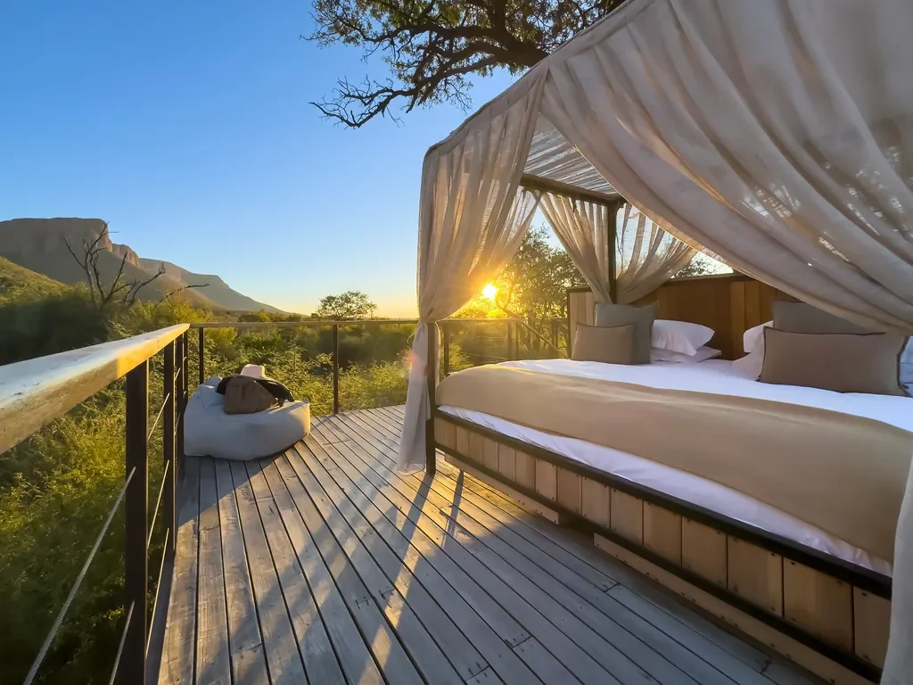 Canopied star bed on private deck at Thabametsi Treehouse, sunrise in Marakele National Park, South Africa
