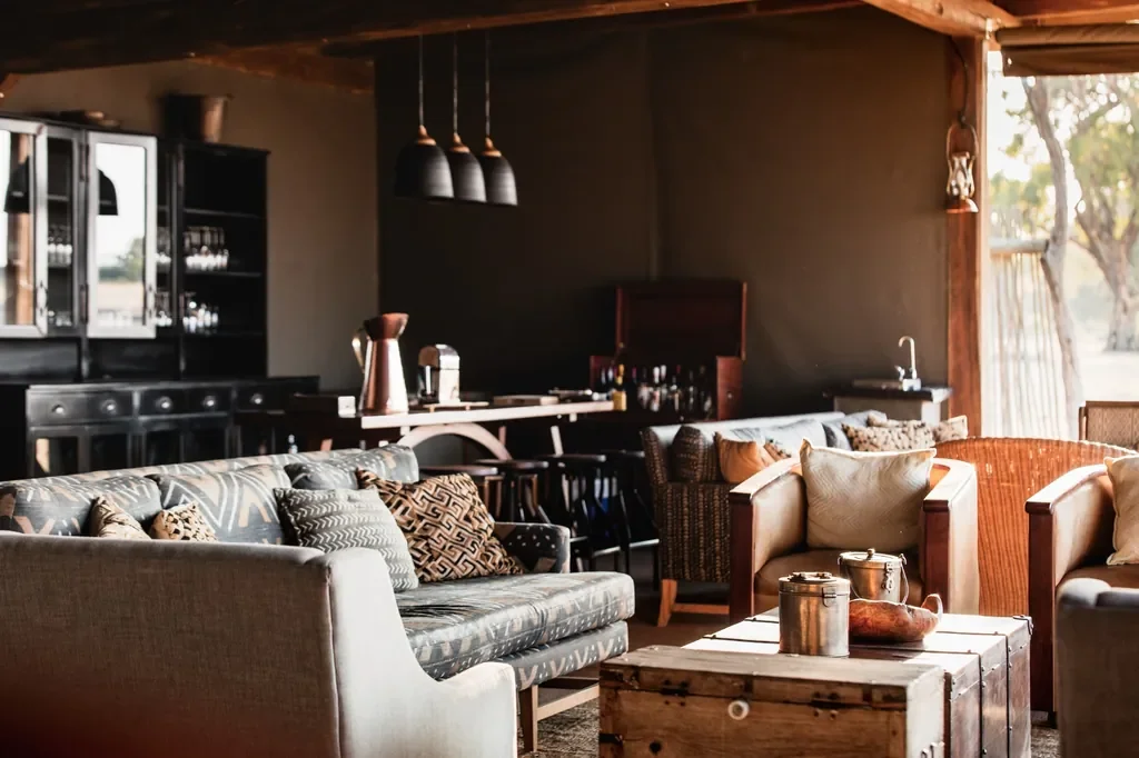 Davison's Camp main lounge and bar, Hwange National Park Zimbabwe, relaxed social space after safari drives