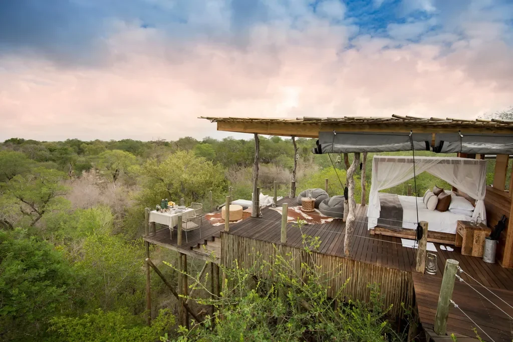 Panoramic views from Kingston Treehouse across riverine woodland, Lion Sands, Greater Kruger