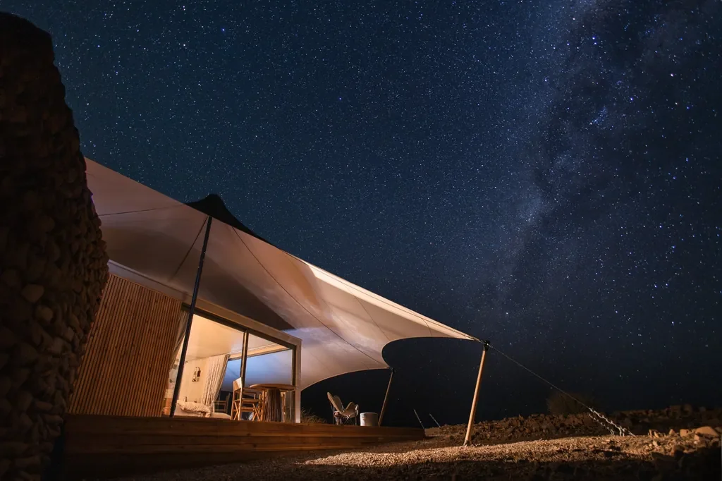 Night sky over Desert Rhino Camp with Milky Way, prime stargazing in Damaraland Namibia