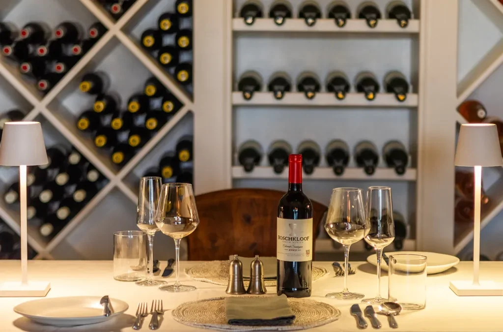 Wine cellar and private dining at Lion Sands Narina Lodge, curated South African wines, Greater Kruger, South Africa