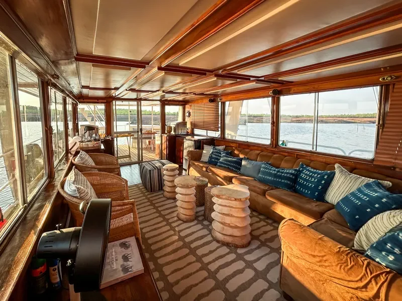 Lady Jacqueline houseboat lounge with panoramic Lake Kariba views, near Bumi Hills Safari Lodge, Zimbabwe