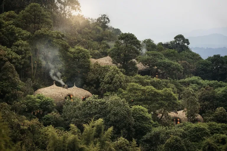 Bisate Lodge thatched forest villas at Volcanoes National Park Rwanda