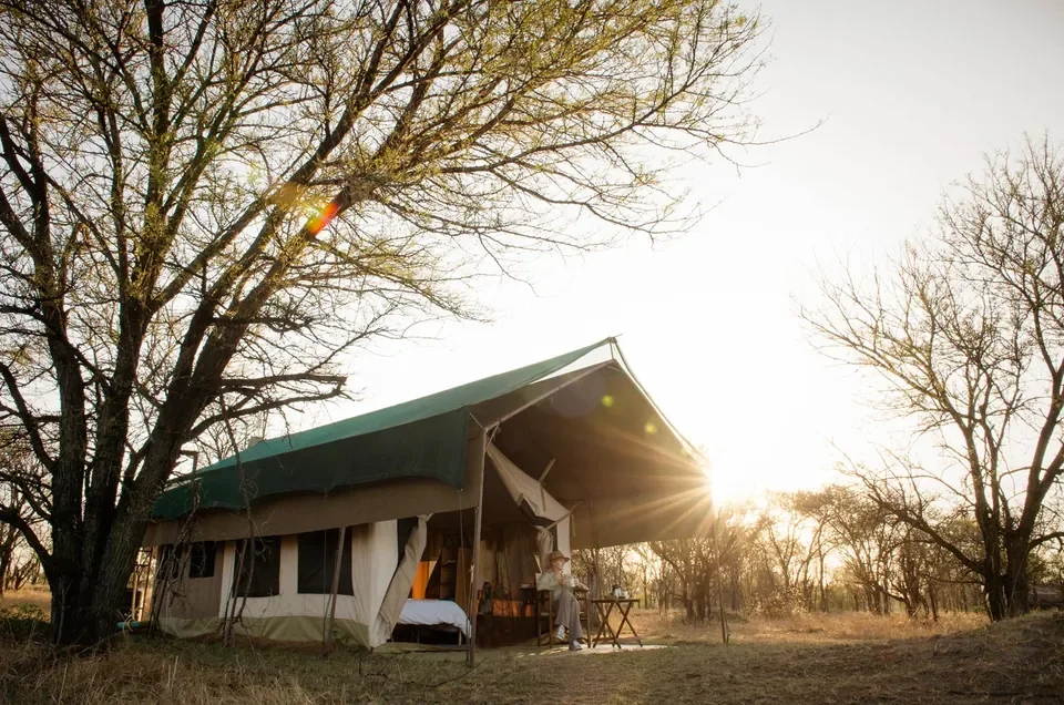 Classic tented suite exterior at sunrise, Serian's Serengeti South mobile camp, Tanzania