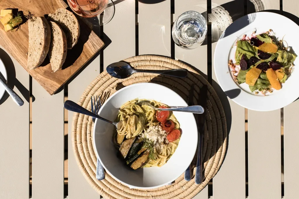 Al fresco lunch at Kulala Desert Lodge with fresh salads and pasta