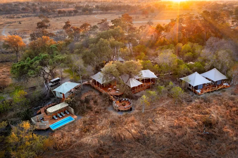 Aerial view of Khwai Lediba Expeditions Camp at sunset, Okavango Delta, Botswana