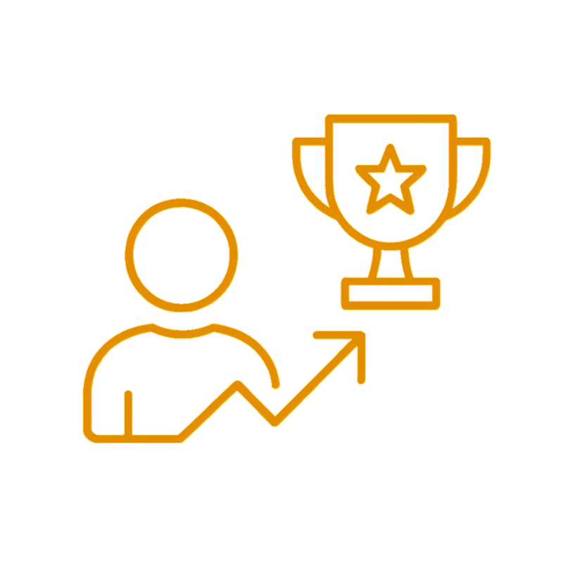 A stylized gold outline of a person with an upward trending arrow, and a trophy with a star, symbolizing achievement or success.
