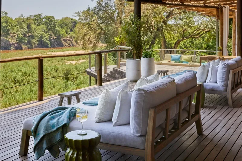 Main deck loungers with Sabie River view at Lion Sands Narina Lodge, Greater Kruger South Africa