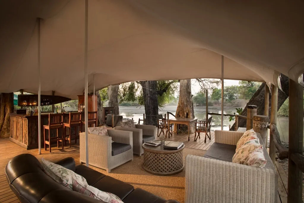Open-air lounge and bar overlooking Kanga Pan, Kanga Expeditions Mana Pools Zimbabwe
