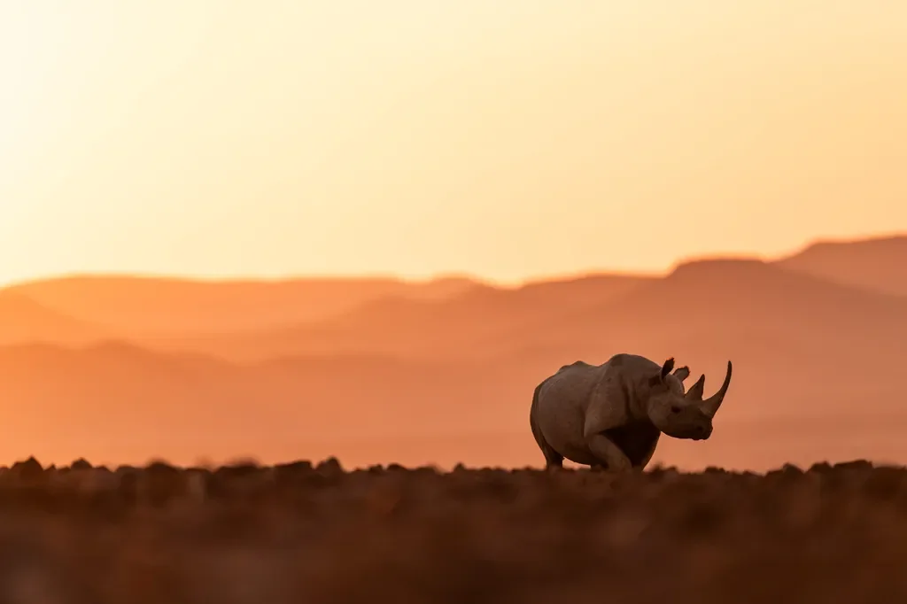Silhouette of a desert-adapted black rhino at sunset in Damaraland near Desert Rhino Camp, Namibia