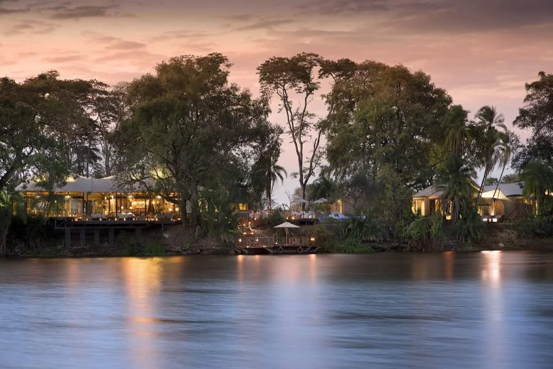 A treehouse built on stilts amongst trees, with a wooden deck and glass walls, overlooking a forested area during sunset.