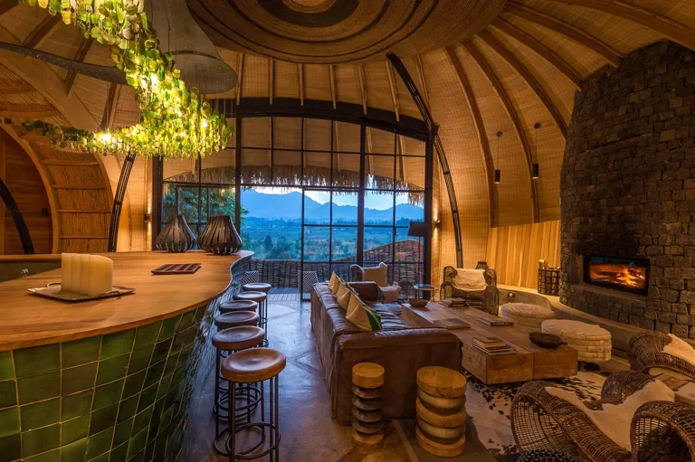Bisate Lodge bar and lounge with volcano panorama Rwanda