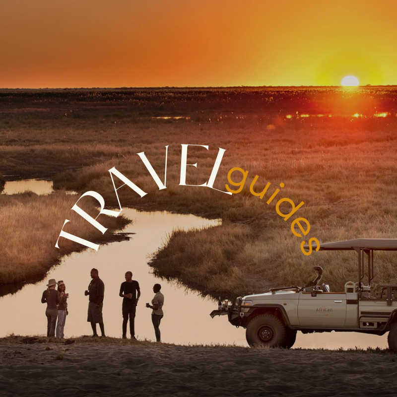 Group on dafari in Africa in Zimbabwe having sundowner drinks with marshes and sunset in the background
