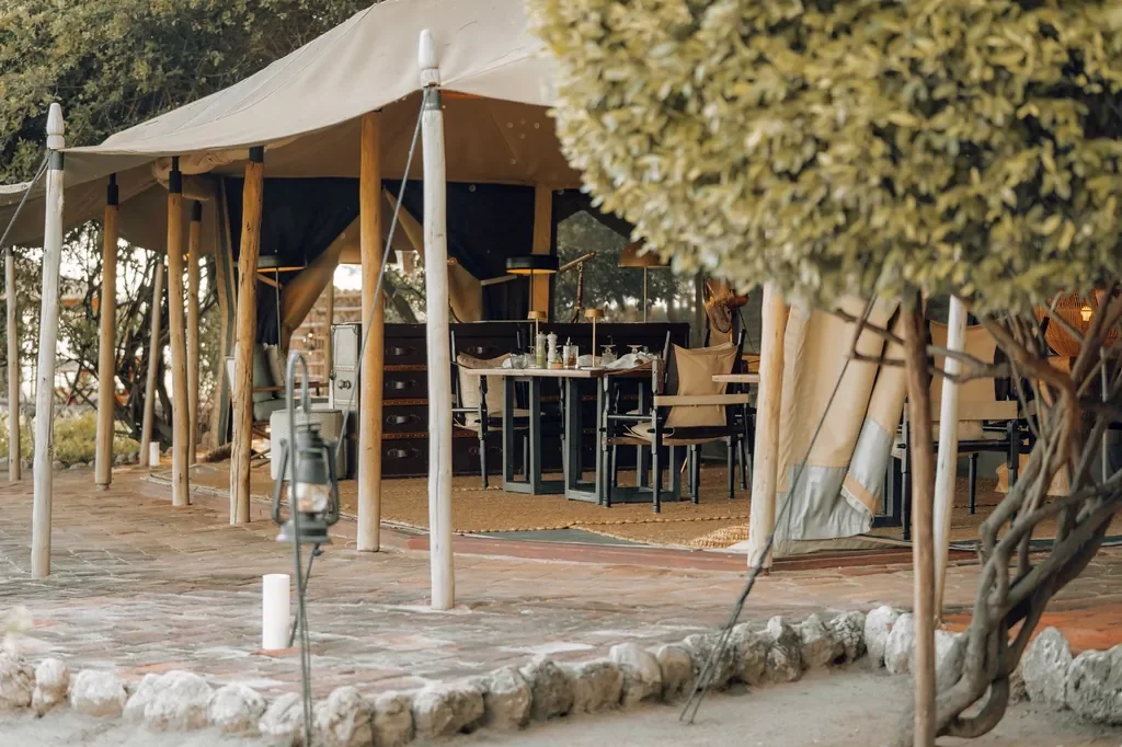 Little Chem Chem dining area under a canvas tent, private meals near Lake Burunge in Tanzania