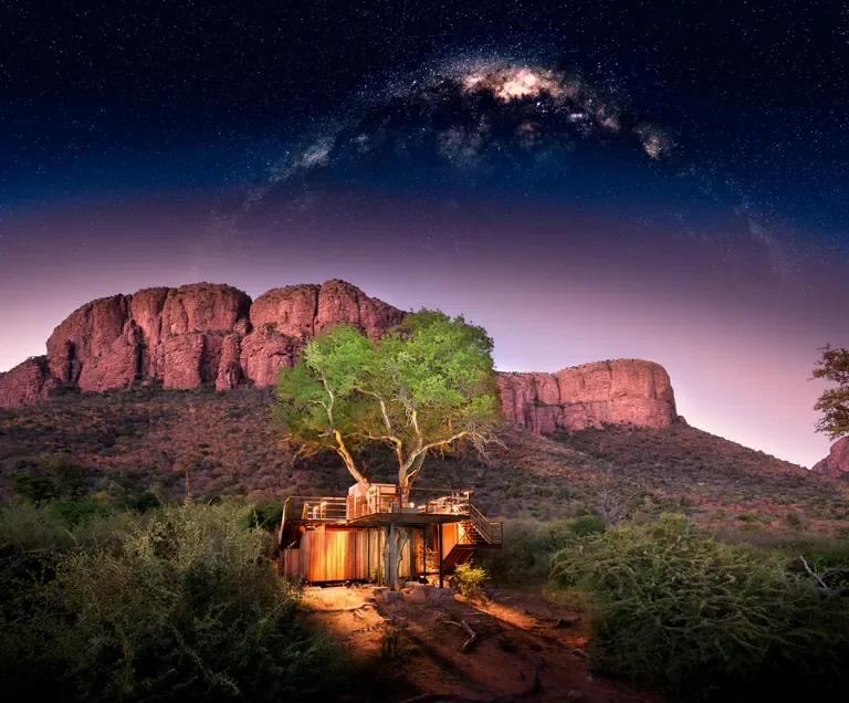 Thabametsi Treehouse at Marakele National Park under the Milky Way, private star‑bed sleepout with Waterberg mountains, South Africa safari