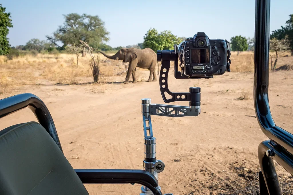Vehicle-mounted camera gimbal on game drive photographing an elephant near Little Ruckomechi, Mana Pools National Park, Zimbabwe