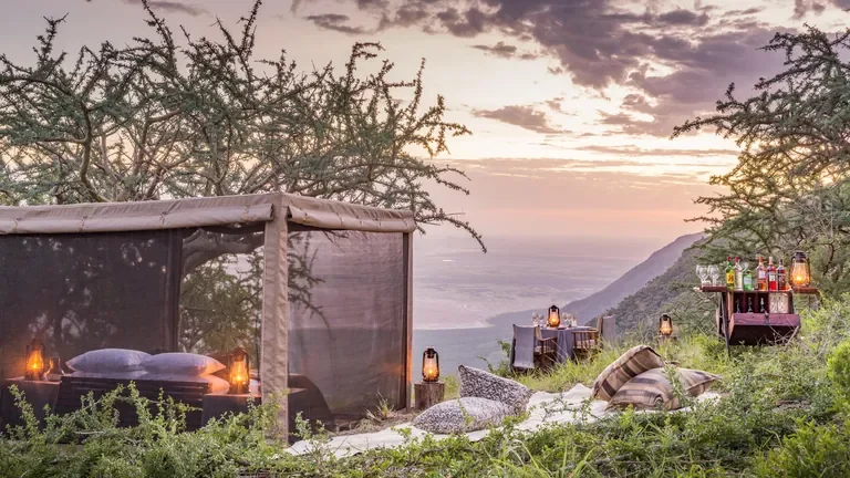 Fly camp on the escarpment, Mwiba Lodge sleepout with sundowners in Tanzania