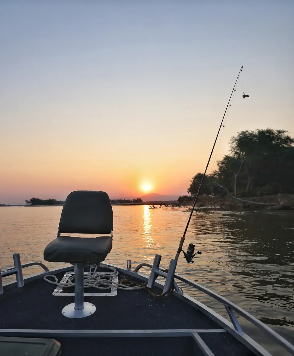 Sunset on a fishing boat on the Zambezi river while Tiger fishing in Zambia