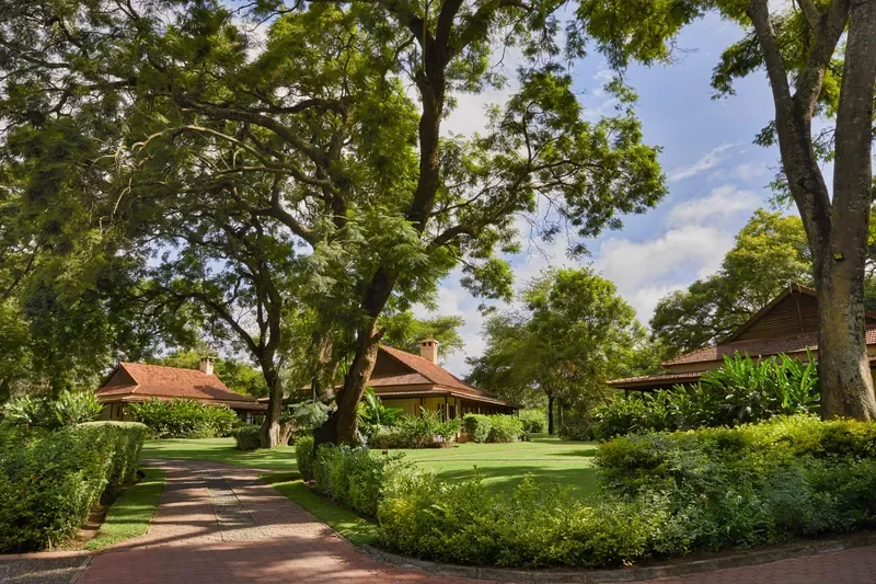 Pathway through lush gardens to cottages at Legendary Lodge Arusha, coffee estate grounds in Tanzania
