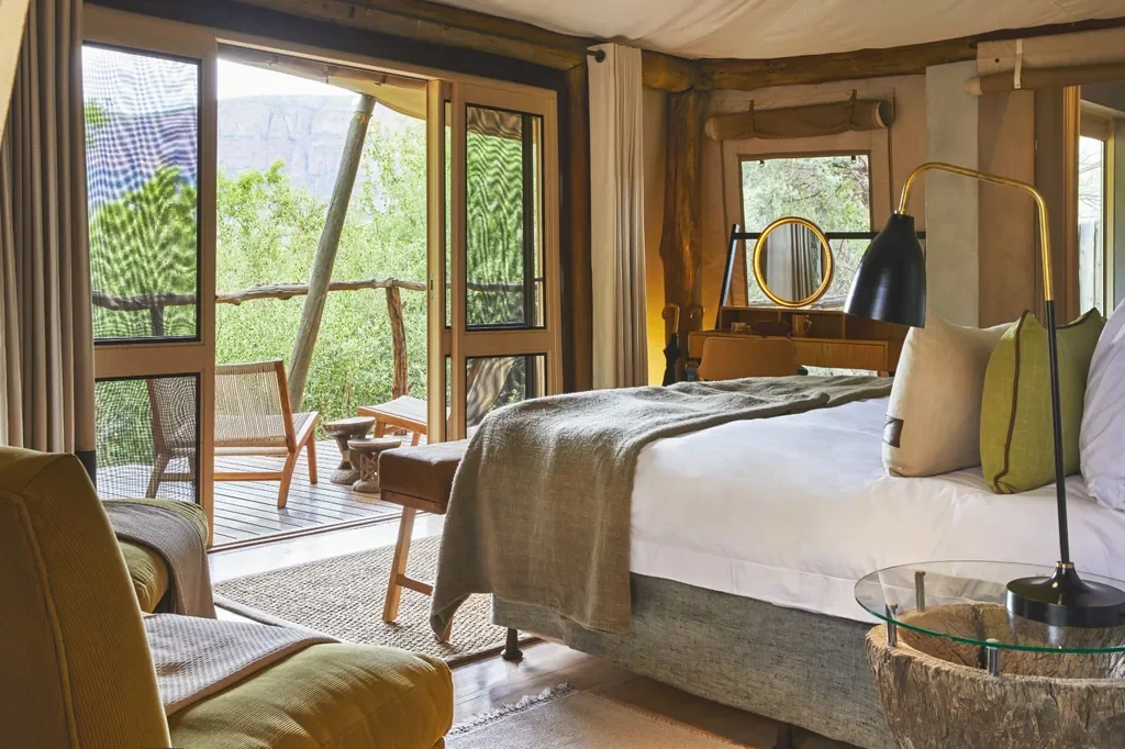 Luxury tented suite interior opening to private deck, Marataba Safari Lodge