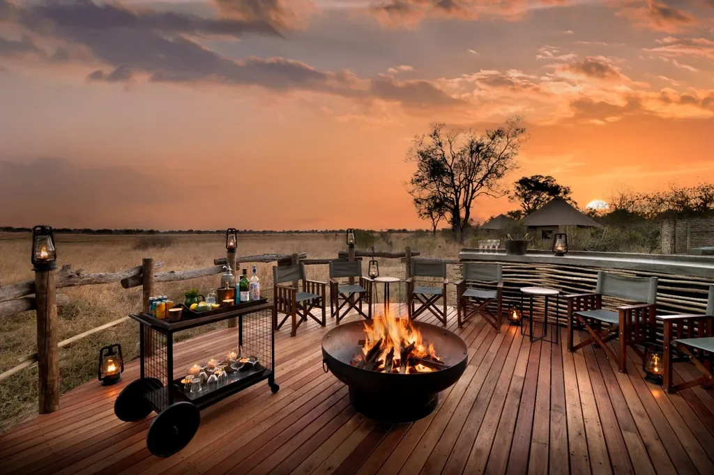 Firepit sundowners deck at Khwai Lediba Expeditions Camp, Okavango Delta