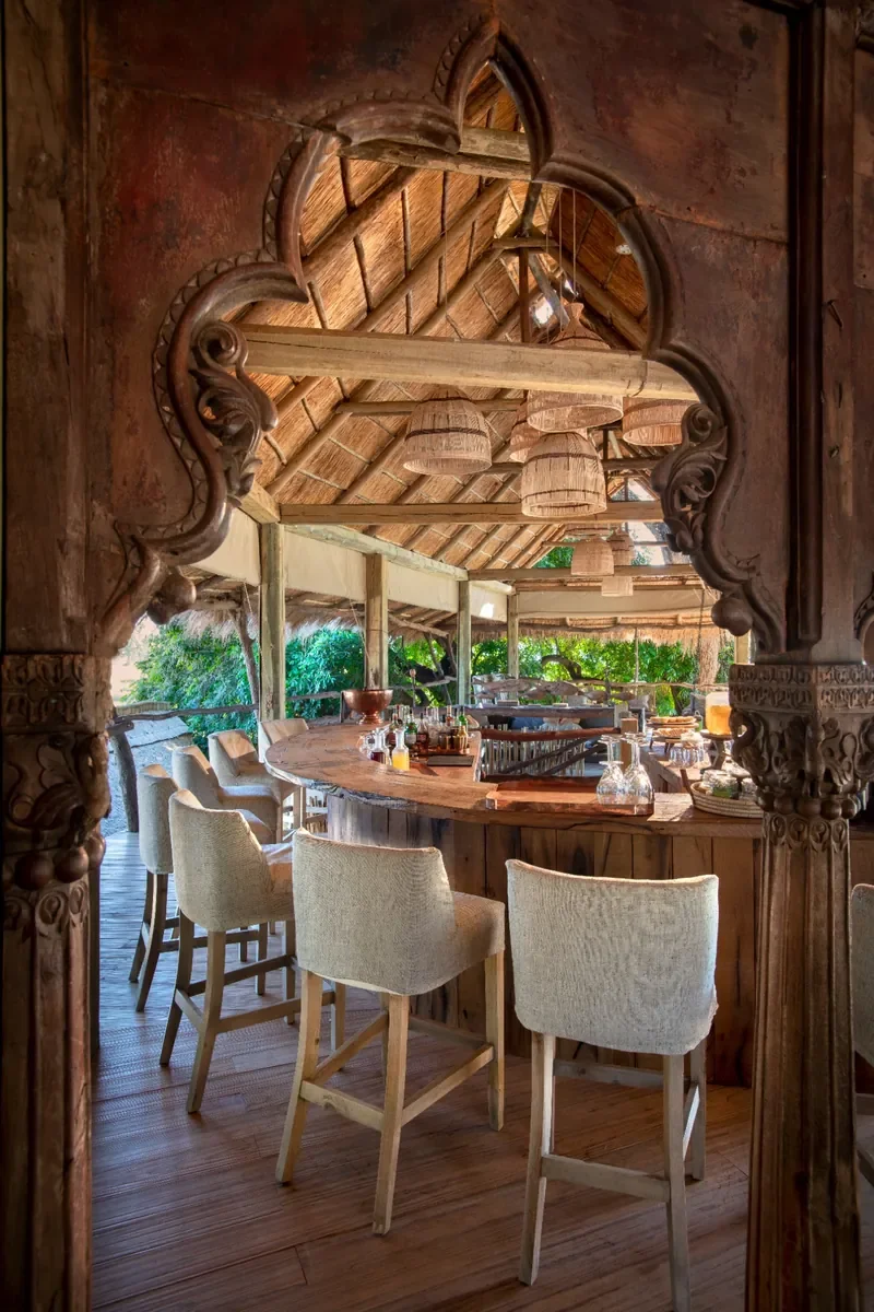 Handcrafted bar and thatched main area framed by carved doorway, Nyamatusi Mahogany, Mana Pools, Zimbabwe