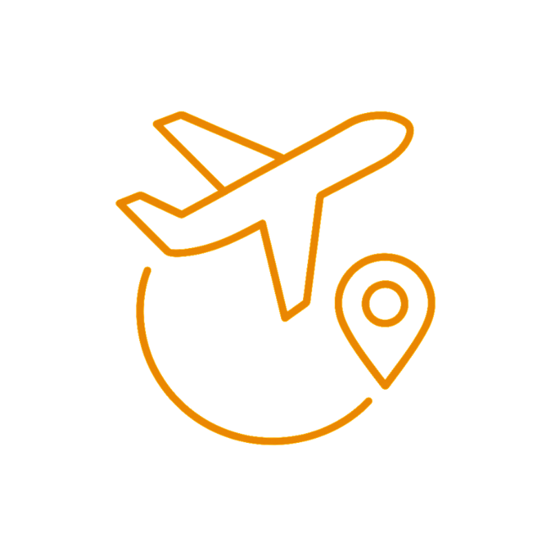 Neon-style orange outline of an airplane, a location pin, and a circle, symbolizing travel or flight.