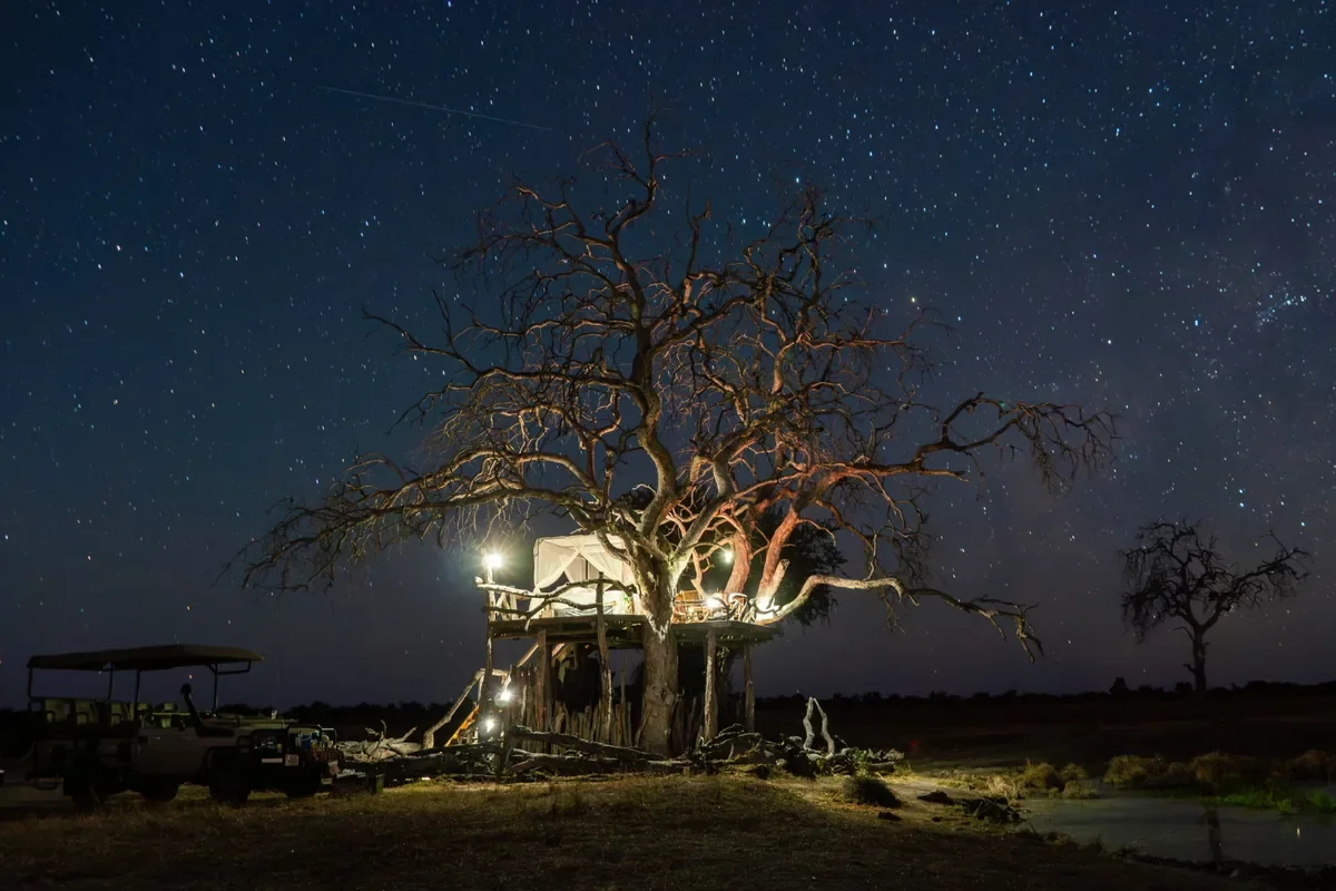 Somalisa Sleepout deck under a star filled sky in Hwange National Park, Zimbabwe